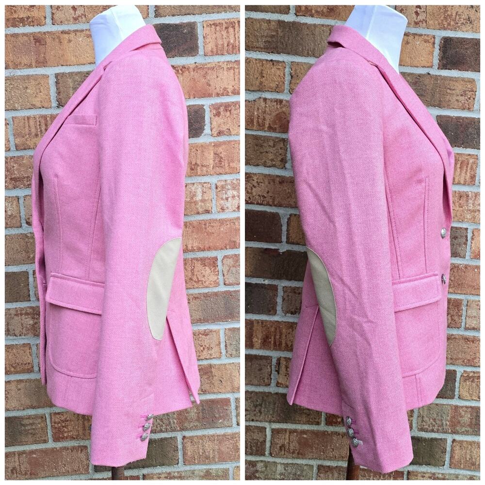 Pink Blazer Size 4 Banana Republic Jacket Wool Herringbone Elbow Patches - Picture 3 of 11